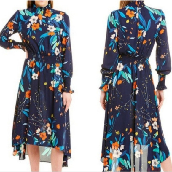 Nanette Lepore Floral High Lo Smocked Maxi Dress Ruffle Long Sleeve Navy Size 6 - Picture 2 of 16